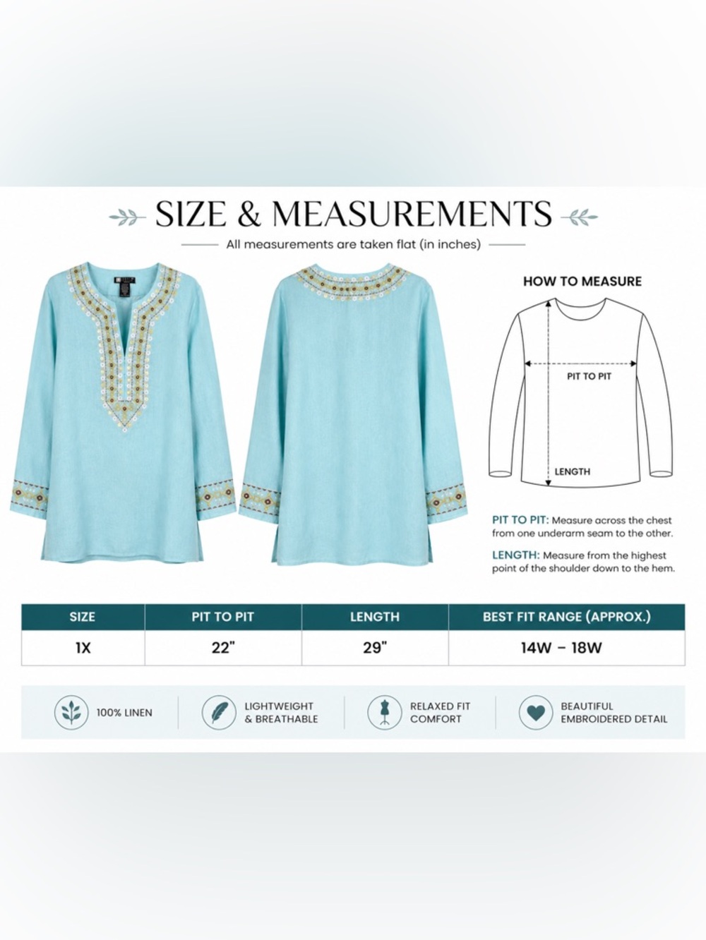 Carole Little 1X 100% Linen Embroidered Tunic Top Boho Aqua Beaded EUC - Picture 4 of 4